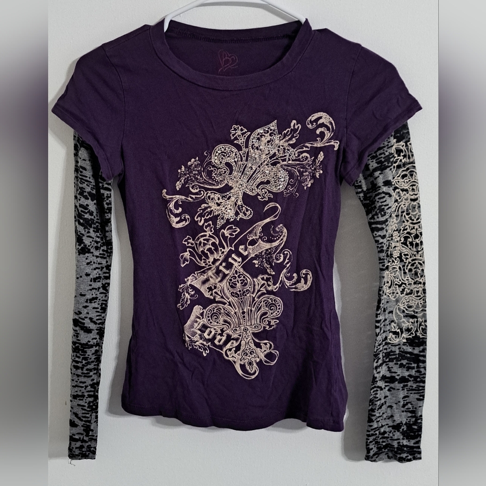 Blu Chic Rhinestone Sheer Attached Sleeve Purple and Black Women's Top - Picture 2 of 5